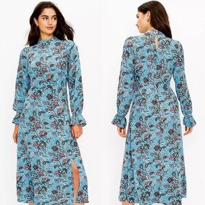 NWT Loft “Bouquet Mock Neck” blue floral paisley long sleeve midi dress (size 0)